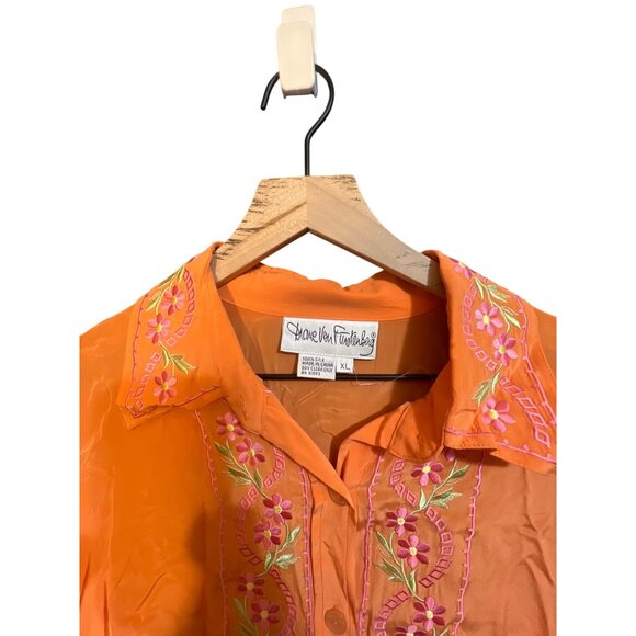 Vintage Diane Von Furstenberg Womens XL Orange Silk Embroidered Button-Up Blouse - Picture 4 of 4